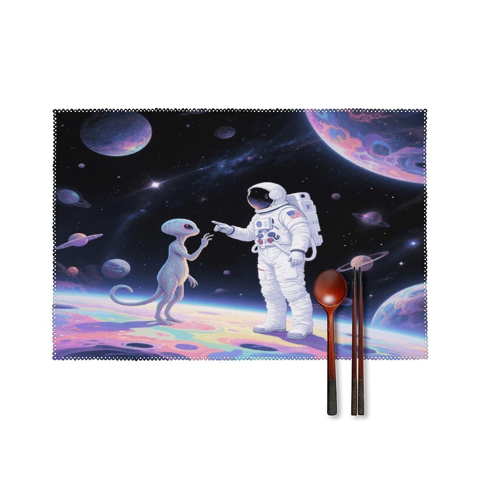 Space Astronaut Placemats Set of 4 Heat Resistant Non-Slip Place Mats for Dining Table Washable Placemat Wipeable Dining Table Mat Canvas Place Mats Dining Table Decor