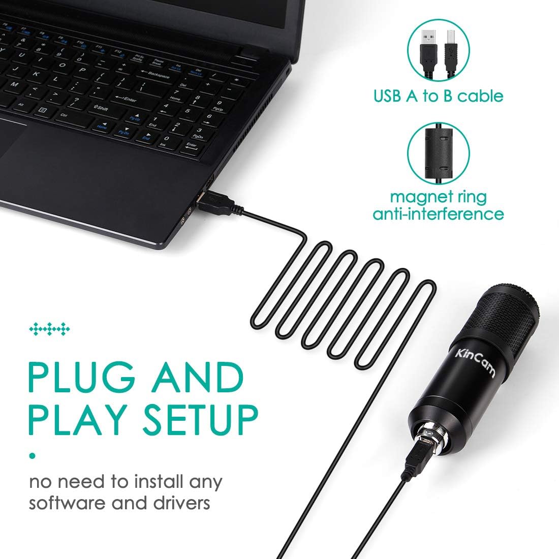 KinCam USB Streaming Podcast Microphone Kit, Professional 192KHZ/24Bit Studio Cardioid Condenser Computer PC Mic Kit with Scissor Arm Shock Mount Stand Pop Filter for Music Recording,YouTube,Gaming