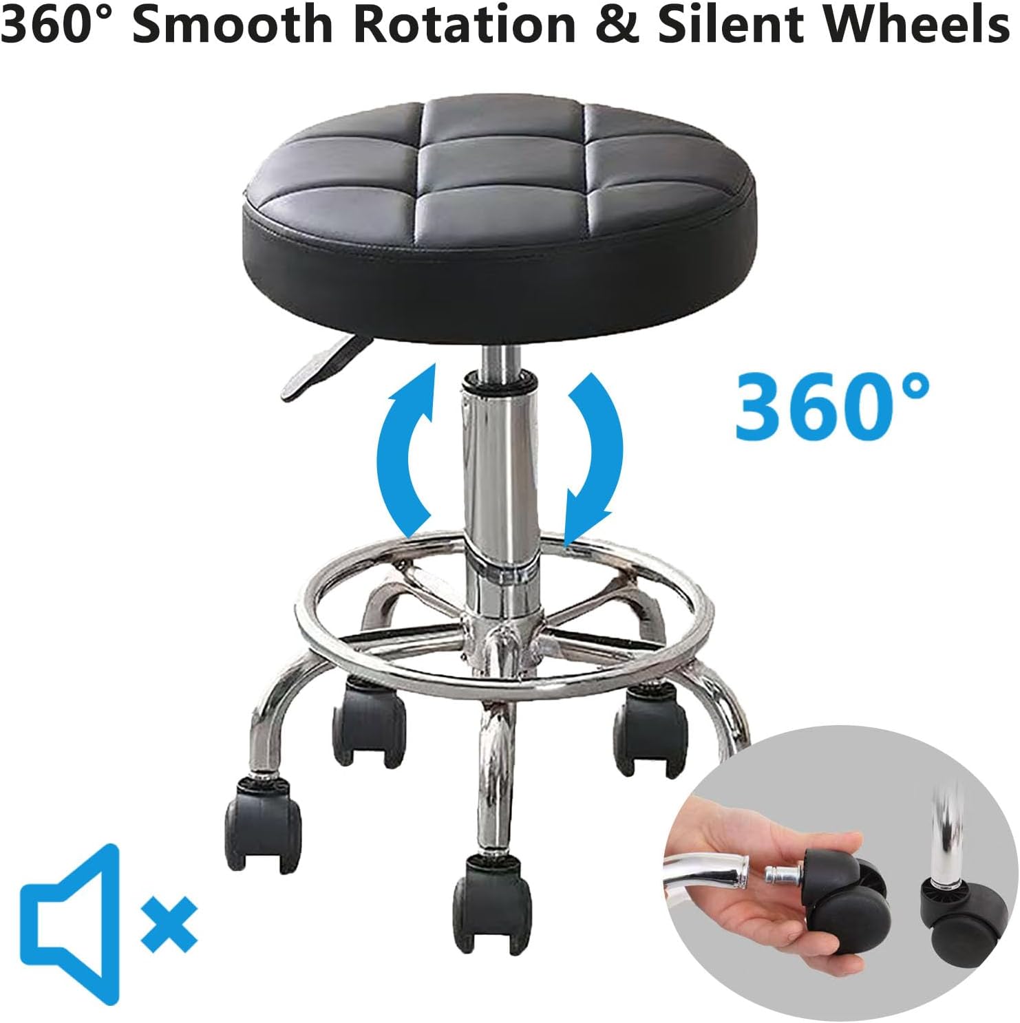 Round Rolling Stool Chair PU Leather,360° Adjustable Stools with Wheels Compact Size & High Weight Capacity Rolling Stool for Tattoo Salon Office Home