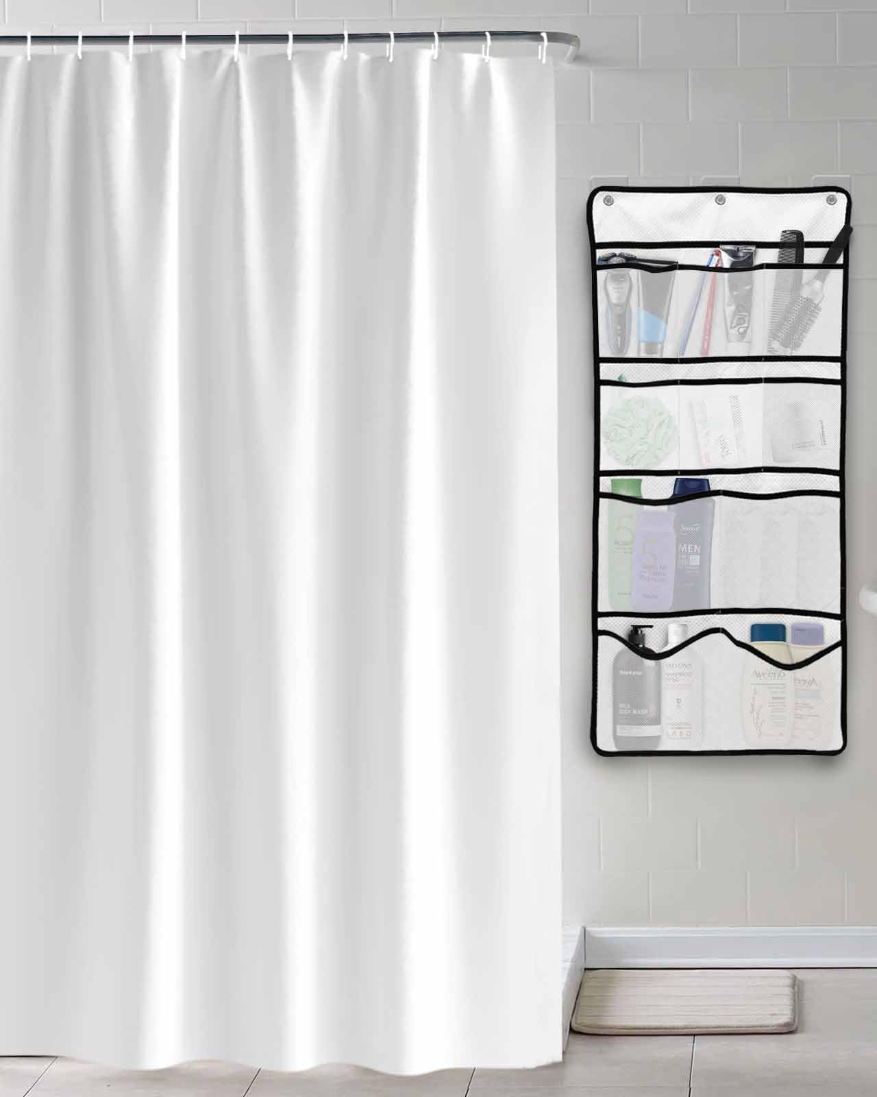 Shower Curtain Mesh Shower Organizer Hanging Set Pure White Solid Color Waterproof Shower Curtains with 10 Pockets Quick