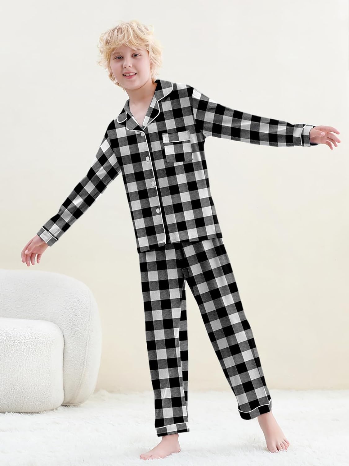 Umeyda Boys 100% Cotton Pajamas Set Kids Soft Long Sleeve Top and Pants Sleepwear 2 Pcs Button-Up Comfy Pjs Set for Ages 4-12 - Image 3