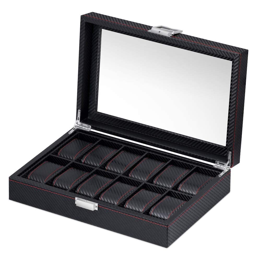 Maverton Uhrenbox mit Gravur für 12 Uhren - 33x21x8cm - Uhrenkasten aus Kunstleder - Schwarz - Geschenk für Männer - Uhr