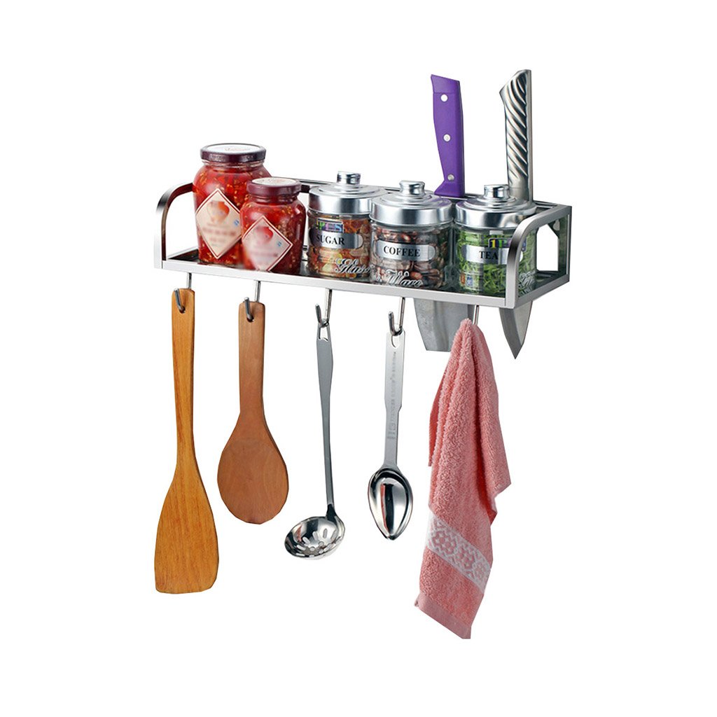 Upgrade Multi-functional Wall-mounted Seasoning Frame 304 Stainless Steel Kitchen Shelf with Hooks Spice Rack Kitchen Pendant Knife Rack (Size : 33cm)