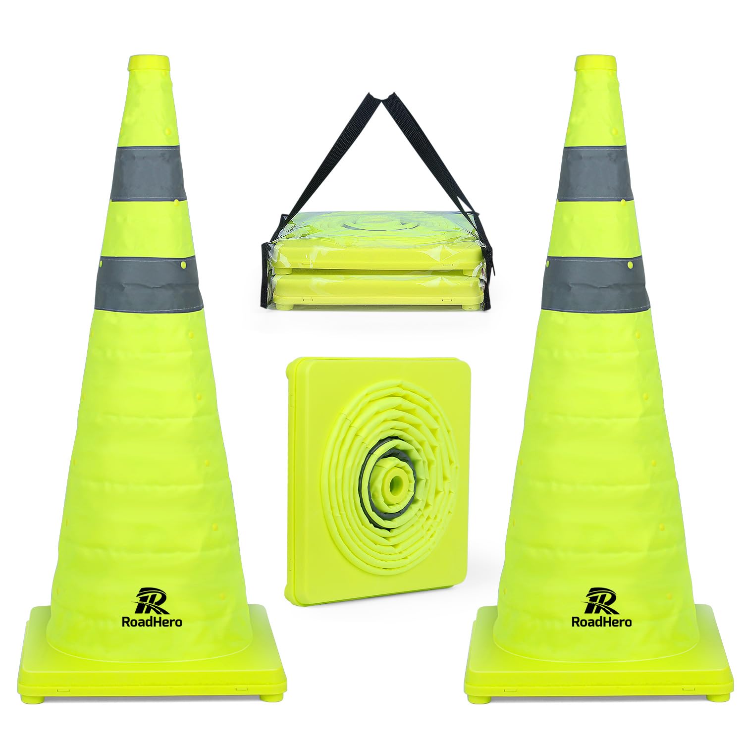 RoadHero 28 Inch 2 Pack Collapsible Traffic Safety Cones, Lime Green Pop-up Cones with Reflective Collar for Road Safety, Driving Training, Parking