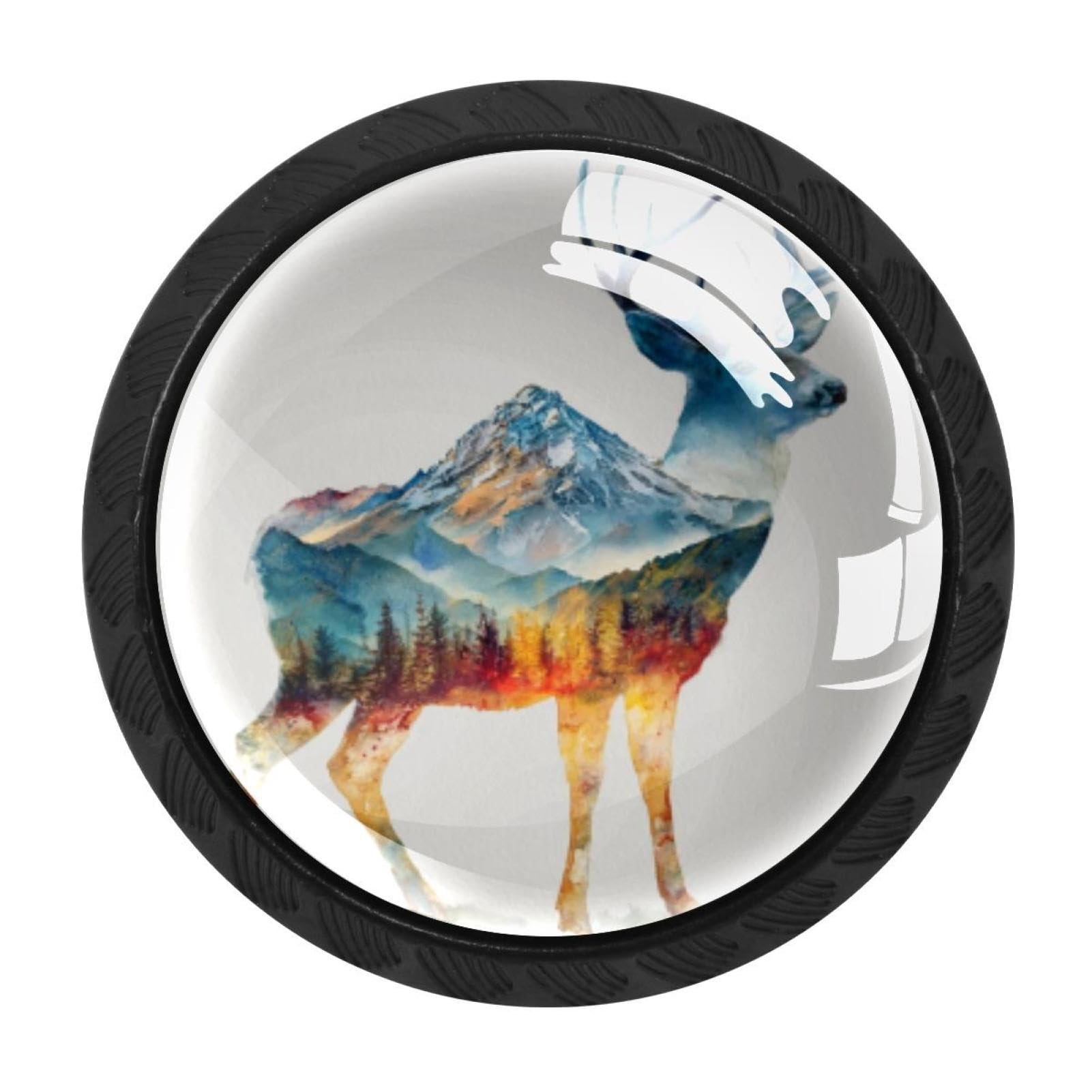 CHENZZZZ 4Pcs Watercolor Mountain Deer (9) Drawer Knobs Black Cabinet Knobs Cupboard Handles Hardware Round Door Pull Handle for Cabinet Wardrobe Drawer Bedroom Bathroom Furniture