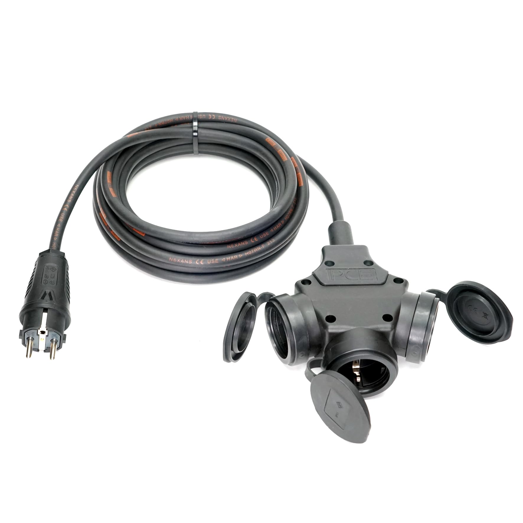 Schuko-Verteilung 3-Fach (1,5m-50m) 16A Verlängerungskabel Titanex H07RN-F 3x1,5mm² mit PCE Stecker und 3er-Kupplung IP44, Business-Line von Event-Kabel (15 Meter)