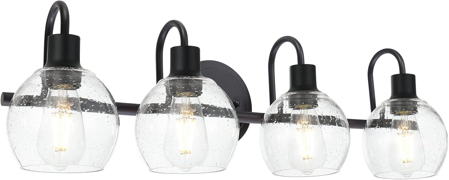 4-Lights Contemporary Bathroom Light Fixtures Over Mirror with Seeded Globe Glass Shades, Black Rustic Vanity Wall Lighting for Bedroom Dressing Cabinet Circular Base Plate 4-Lights