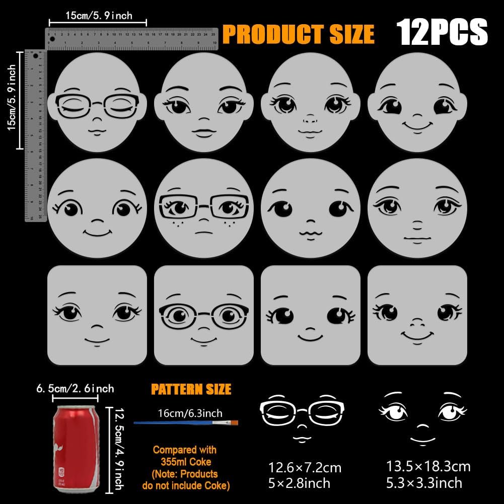 FINGERINSPIRE 12PCS Face Painting Stencils with Paint Brush 5.9x5.9inch Reusable Facial Expression Stencils Character Theme Stencil for Painting on Wood Wall Fabric Furniture DIY Home Decoration