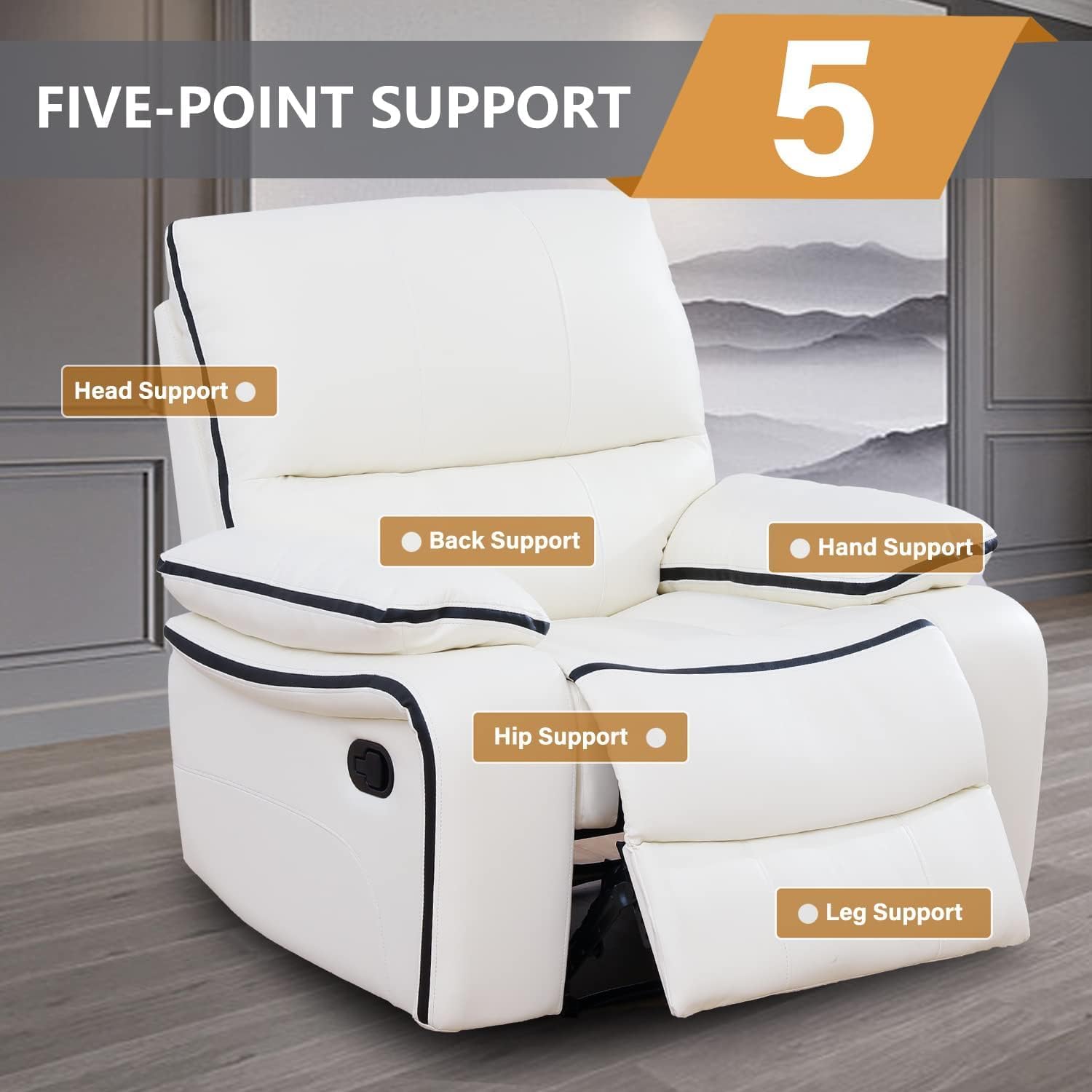 Manual Reclining Living Room Furniture, Bonded Leather Sofa w/Drop-Down Console, Loveseat w/Storage Console, Chair for Living Room/House/Bedroom/Office/Apartment (Ivory White, Chair)
