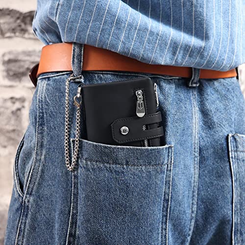 Mens Wallets with Chain, Chain Wallet for Men, Genuine Leather Purse RFID Blocking Zipper Bi-fold Wallet with Double Coin Pocket and ID Window, Black2