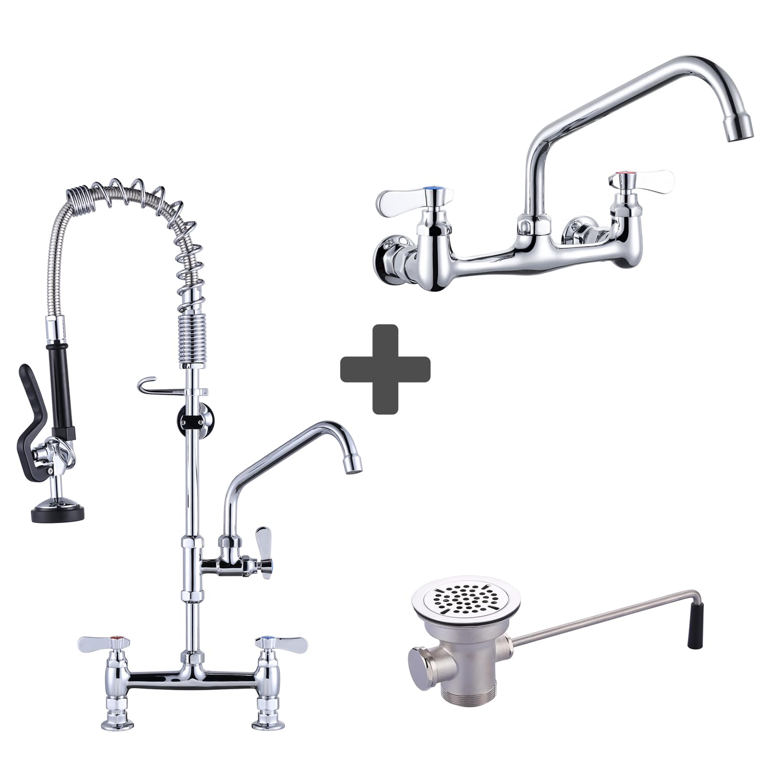 Sxithgkdw Women's Commercial Sink Faucet With 10” Swivel Spout & Commercial Kitchen Faucet Deck Mount With Pre-Rinse Sprayer 26" Height & Commercial Sink Drain: 3-1/2" Sink Opening Waste Drain Valve