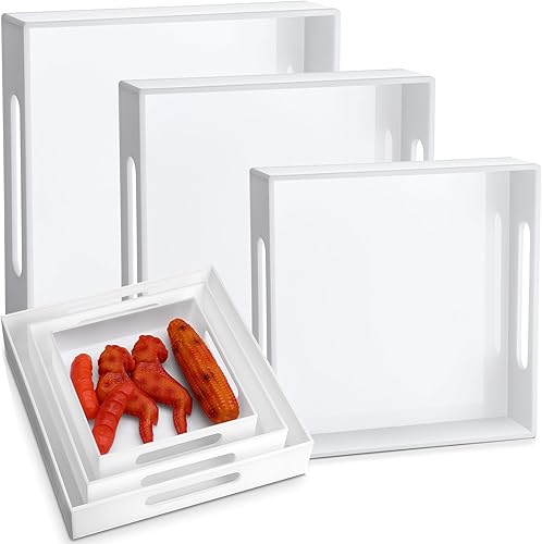 Miniatura 1 de Barydat 3 bandejas otomanas de acrílico blanco con asas de 11.81, 9.84, 7.87 pulgadas, bandeja cuadrada de plástico decorativa, bandeja organizadora