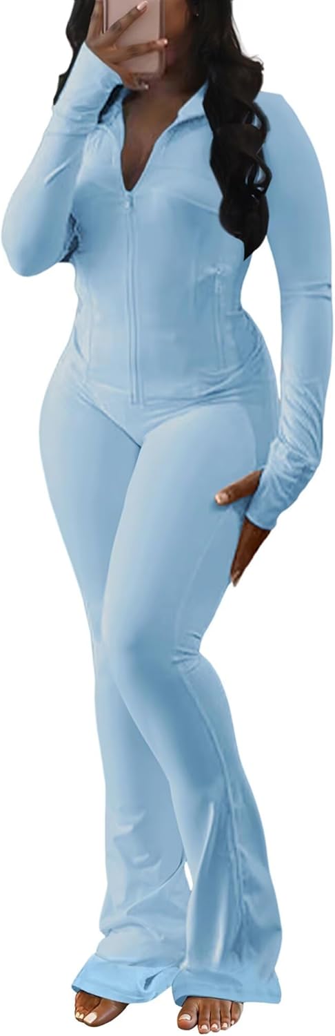 Ophestin Women 2 Piece Outfits Fall Long Sleeve Zip Up Jacket Flare Legging Workout Sets with Pockets Tracksuit Active