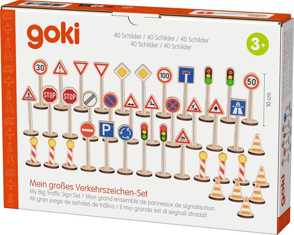 goki 53761 – mój duży zestaw znaków drogowych, 40-częściowy zestaw drewnianych znaków drogowych, zabawka edukacyjna dla dzieci od 3 lat