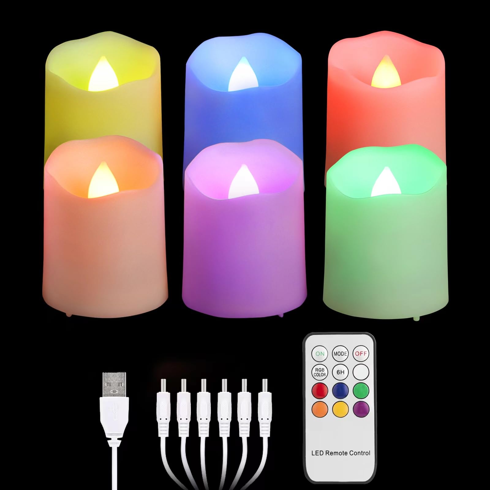 FREEPOWER 6 Velas de Té LED Recargables USB Colores con Mando a Distancia Temporizador Parpadeantes, Velas Eléctricas RGB, Decoración para Navidad Halloween Fiesta Familiar, diámetro 4 x 4.5cm