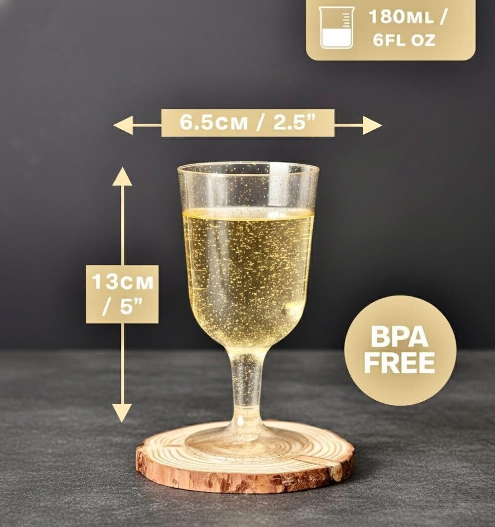 MATANA 500 Premium Elegante Weingläser aus Plastik mit Goldglitter, 170ml - Mehrweg Gold Weingläser aus Kunststoff, Weinbecher für Hochzeiten, Geburtstage, Weihnachten & Partys