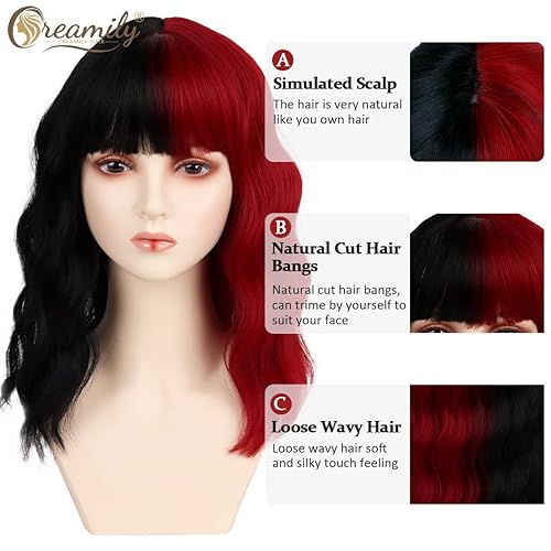 Miniatura 2 de Creamily Negro y rojo Halloween rizado onda pelucas con flequillo corto rizado ondulado parte media sintético Cosplay peluca de pelo para mujeres