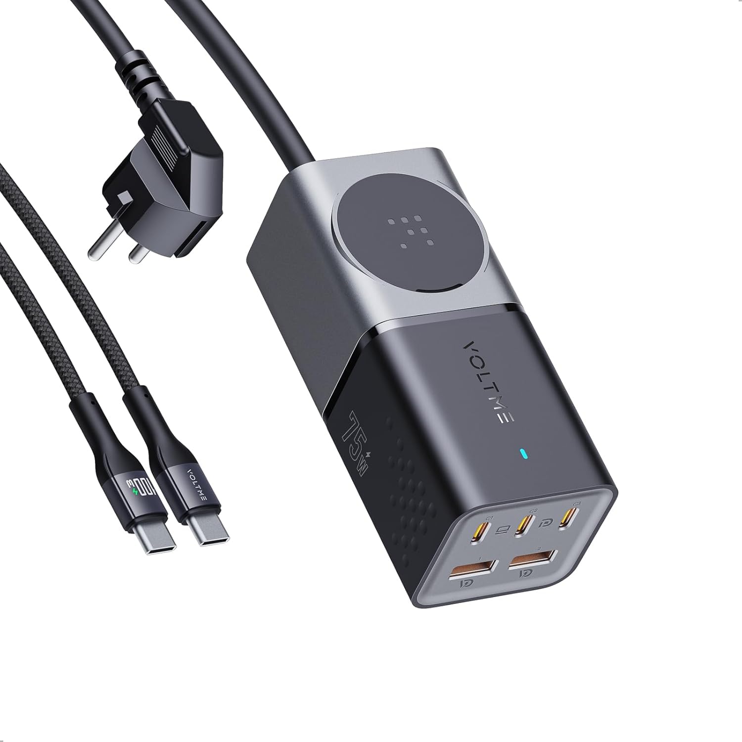 VOLTME VITO 75 EzTravel USB Caricabatterie Multipresa 75W Nero, Caricatore 6 Porte multiple Presa veloce con 1AC+2 porte USB+3 porte USB-C QC/PD GaN III, compatibile con laptop, MacBook, iPhone, ecc Medium Nero1