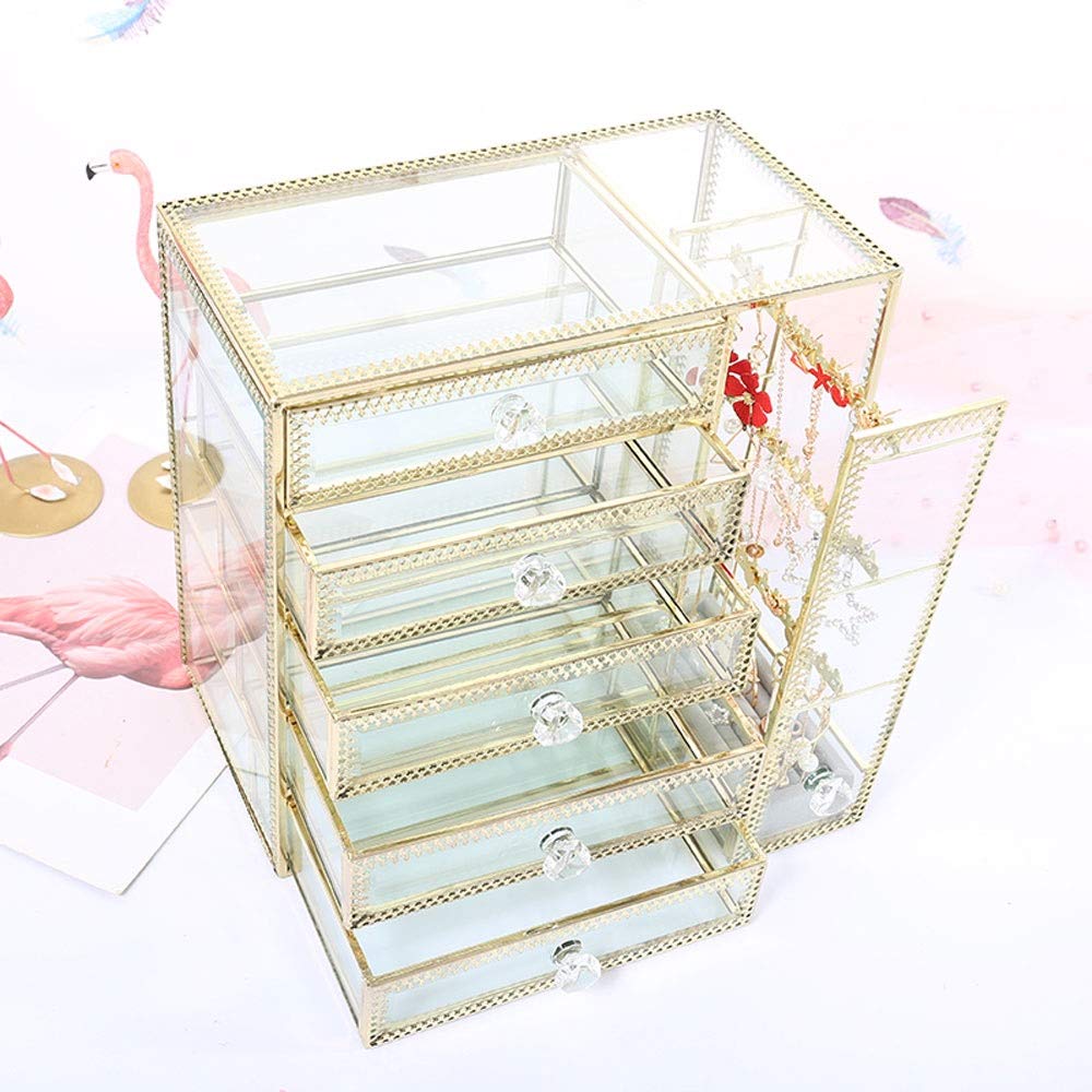 Sunny LingtSunny Lingt Metal Glass Ewelry Storage Box, Large Accent Glass With Gold Trim Decorative Cabinet, Decorative Keepsake Box/Mirror Clear Drawer Storage/Vintage Jewelry Organizer For Bathroom/Countertop