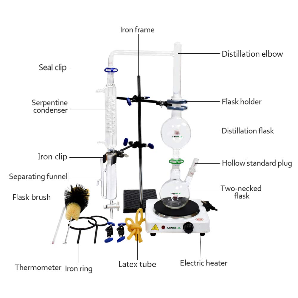 Kit de laboratorio para destilar agua y aceites esenciales con purificador, matraces de vidrio, placa eléctrica y tubo condesador Graham, 500 ml
