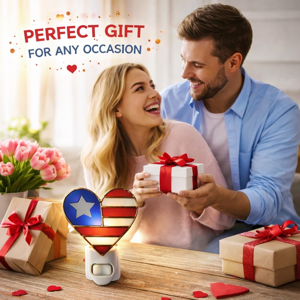 American Flag Night Light - Patriotic Heart Shaped Plug in Stained Glass Nightlight -Ideal for Independence Day & Memorial Day from SassyXpressions