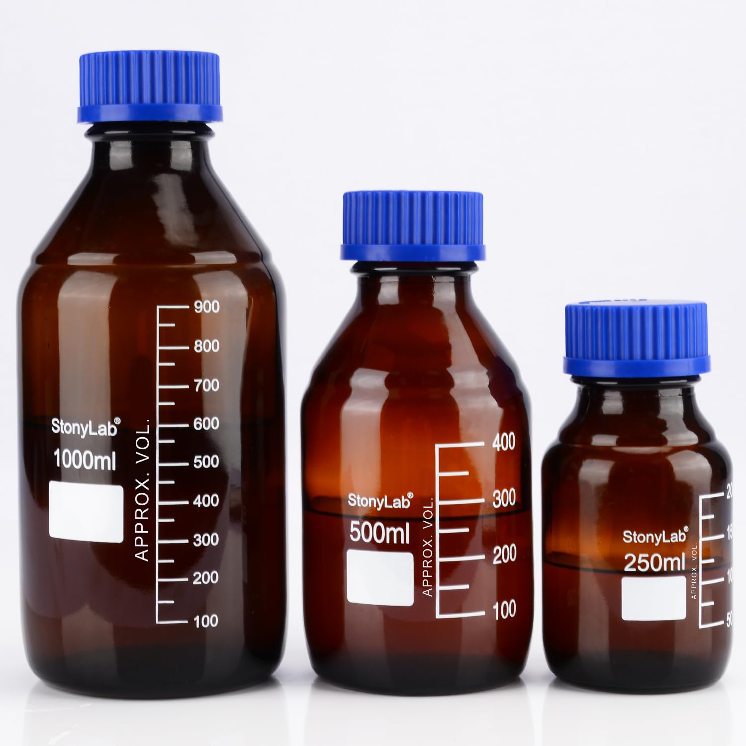 stonylab Butelki do przechowywania z zakrętką GL45, 1000 ml, ze szkła bursztynowego, okrągła, do przechowywania odczynników laboratoryjnych, z niebieską zakrętką, 1 opakowanie