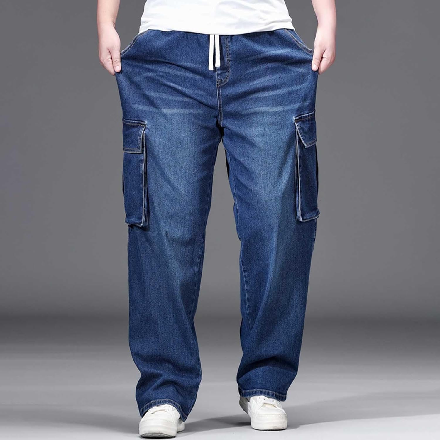Men's Big and Tall Cargo Jeans Relaxed Stretch Denim Pants Drawstring Waist Baggy Jeans with 4 Pockets XL-5XL