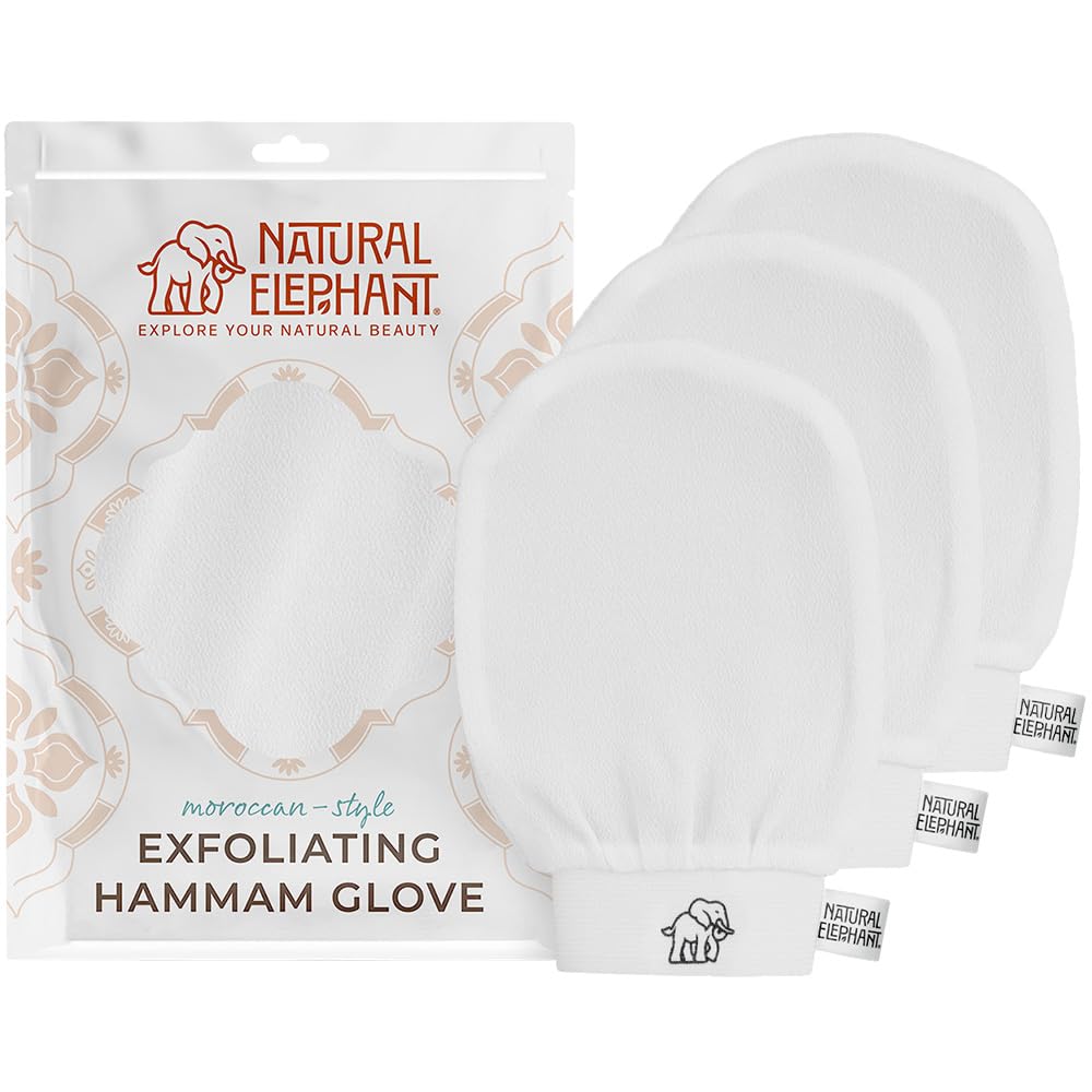 Natural Elephant Exfoliating Hammam Glove | Authentic Moroccan Kessa Body Scrub Mitt for Spa-Quality Skin Renewal | Pearl White 3 Pack