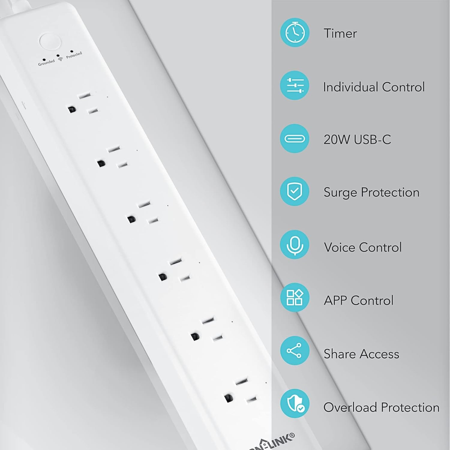 BN-LINK Smart WiFi Power Strip Surge Protector, 6 Individually Controlled Outlets, 4 USB Ports with 20W USB-C Fast Charging, Alexa & Google Home Compatible, App Timer Control