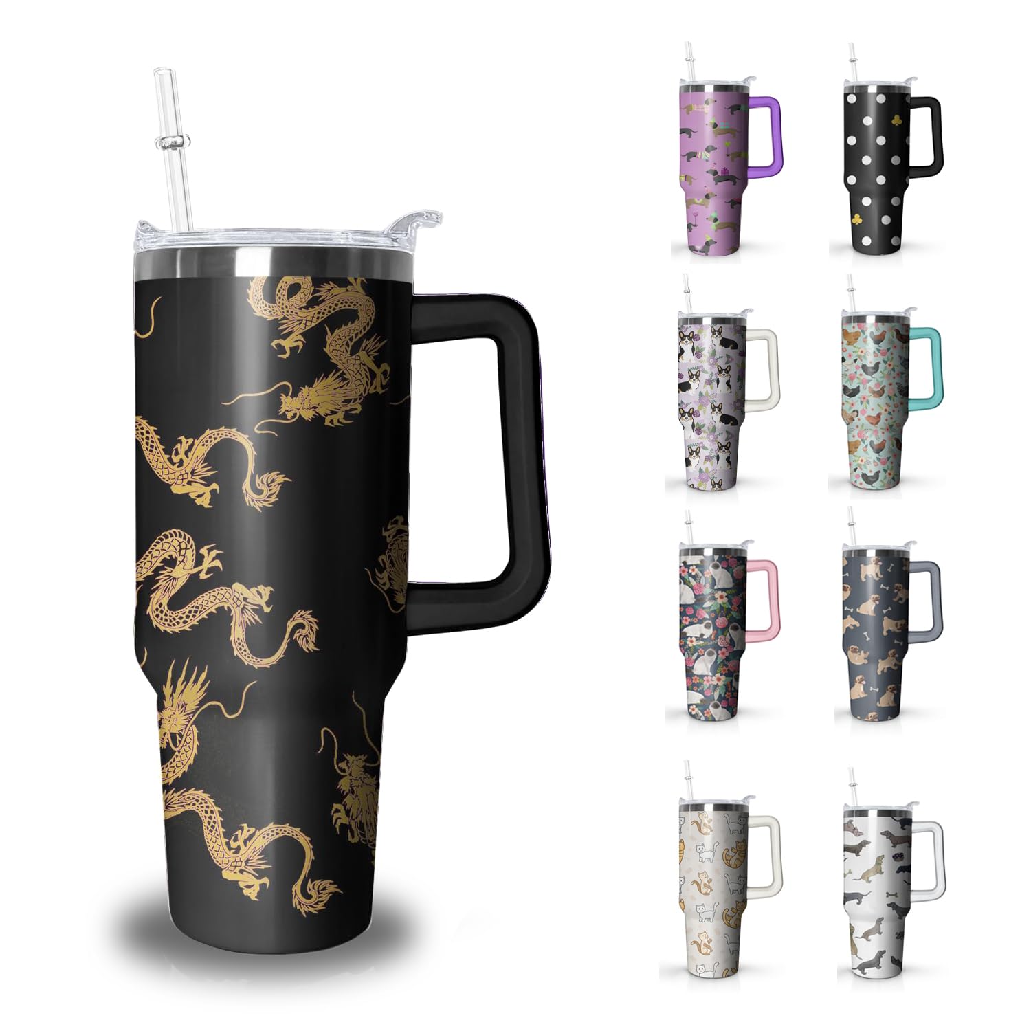 Golden Dragon Tumbler with Handle and Straw, 40 oz Stainless Steel Pink Insulated Cup with Lid and Straw,Travel Coffee Mug Water Bottle, Birthday Christmas Mothers Day Gifts for Animal Lovers Women