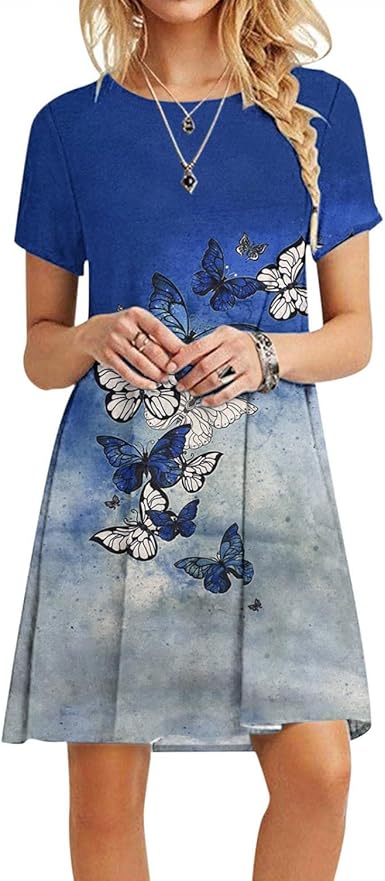 Amazon.com: Vestidos de talla grande para mujer, vestido casual con  estampado de camiseta, mini cuello redondo y manga corta, vestido tipo  túnica : Ropa, Zapatos y Joyería