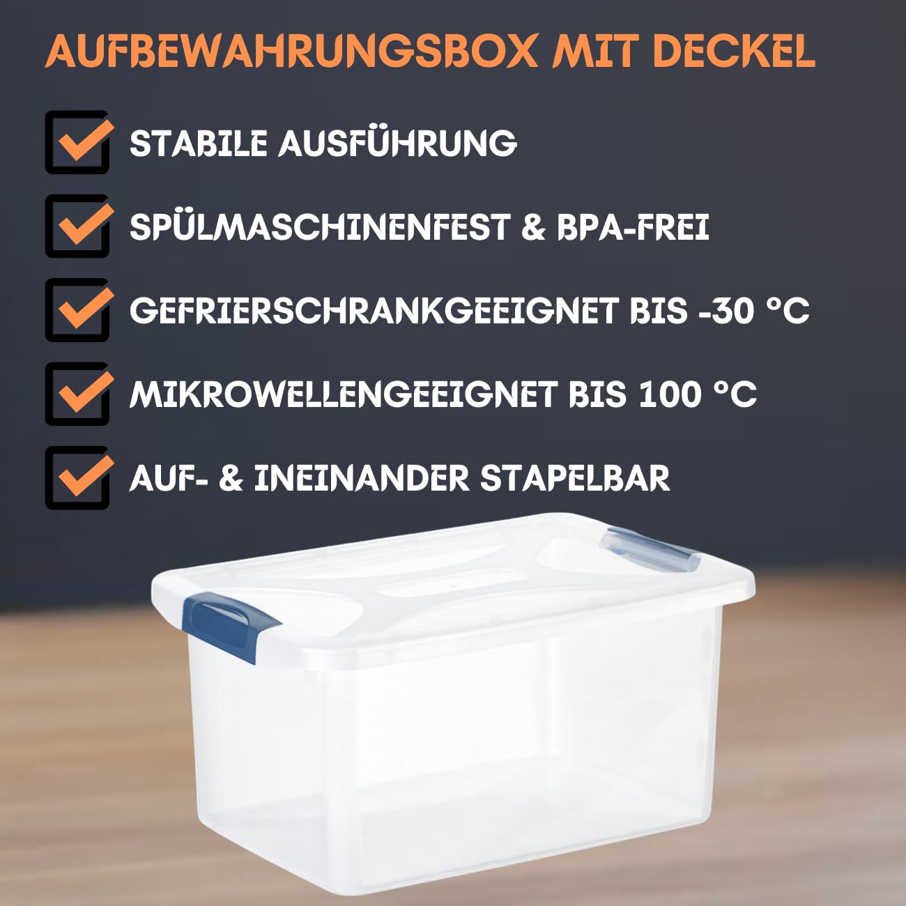 5 x Aufbewahrungsbox mit Deckel und Verschluss-Clips, dunkelblau-transparent, 30 Liter, Plastik-Box, stapelbar, stabil, BPA-frei, lebensmittelecht