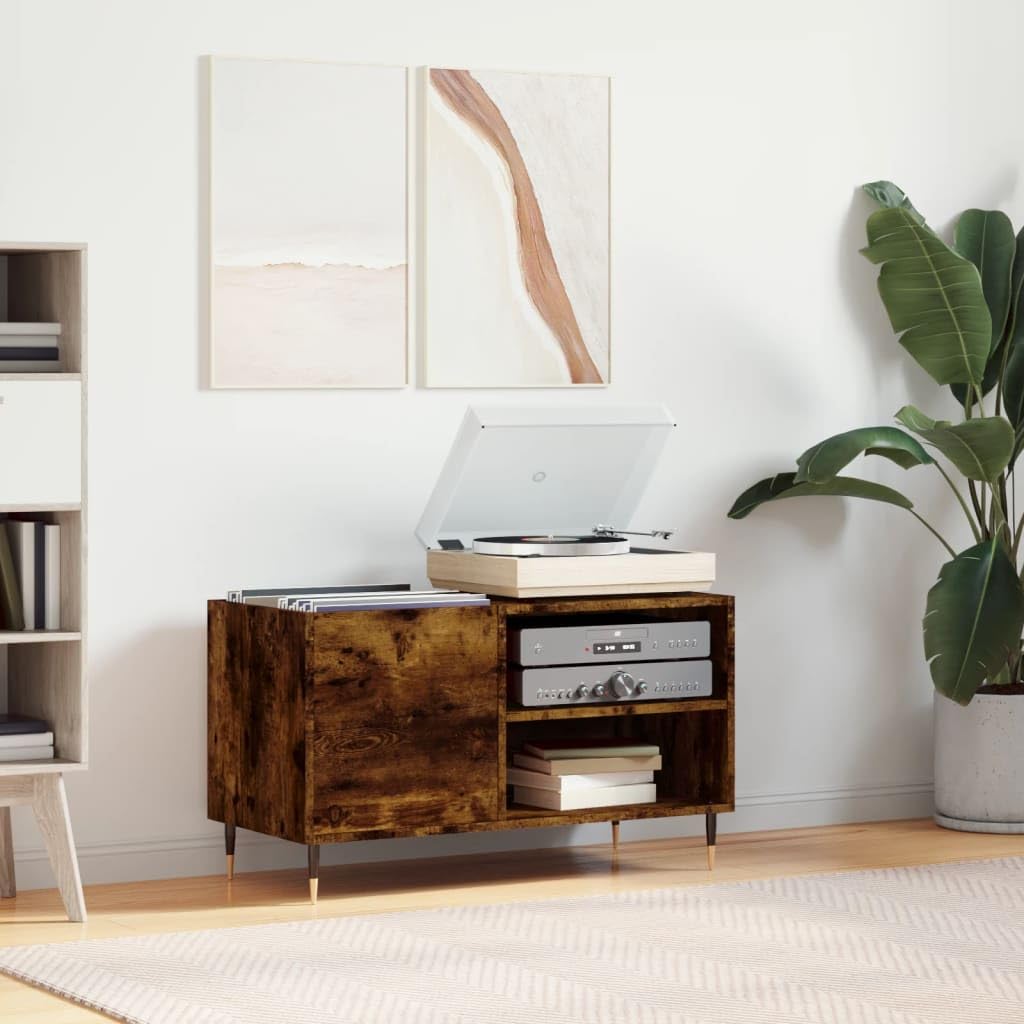 Armadio per dischi in legno di quercia affumicata, 85 x 38 x 48 cm, stile vintage, in vinile, con gambe in ferro, per il soggiorno