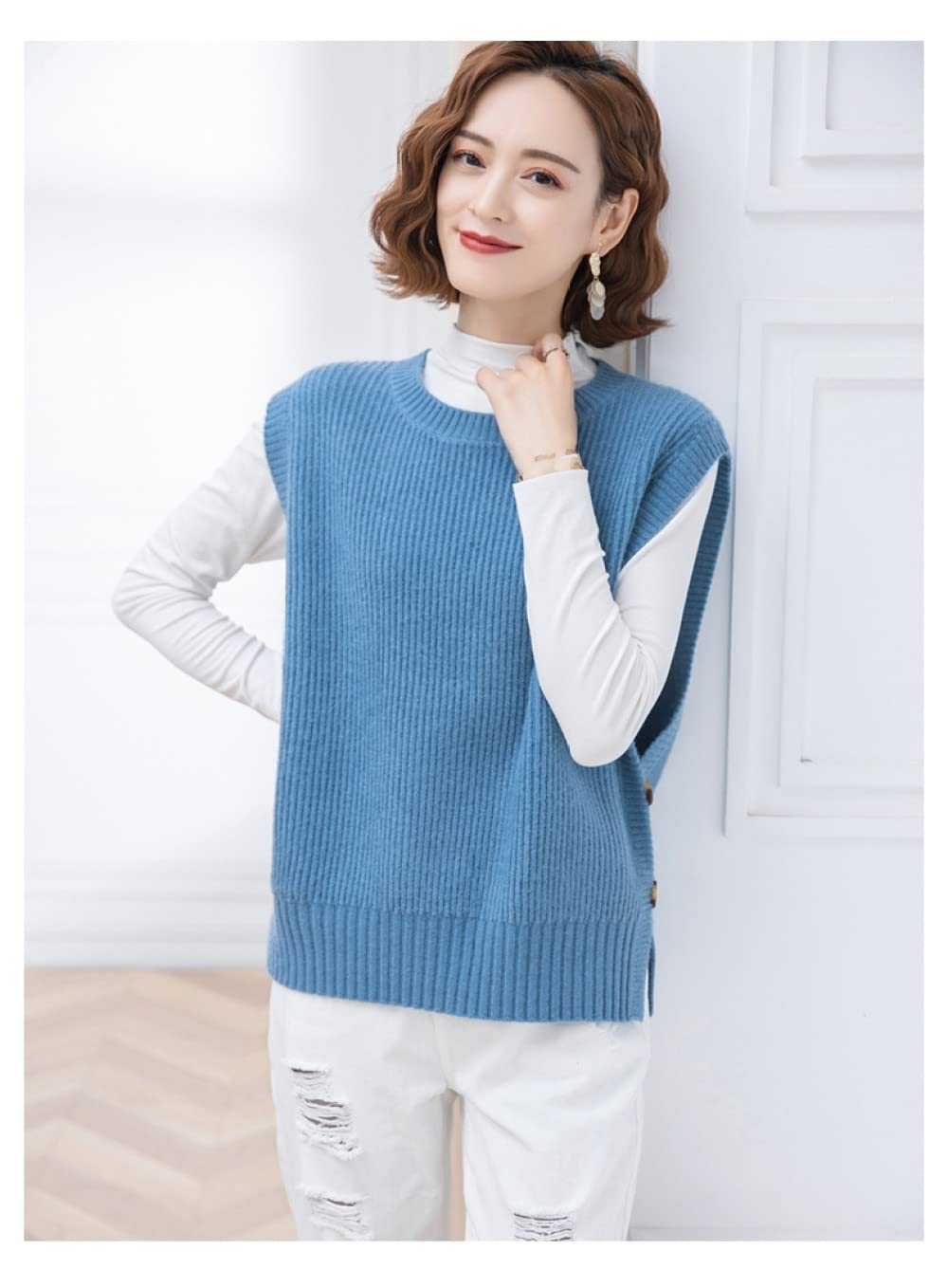 Camisetas Tirantes Mujer,Chaleco De Suéter Para Mujer Color Verde Sólido Corto Cuello Redondo Botón Lateral Abertura Moda Sin Mangas Jumper Chalecos Estilo Preppy Streetwear Jerseys De Punto Tank