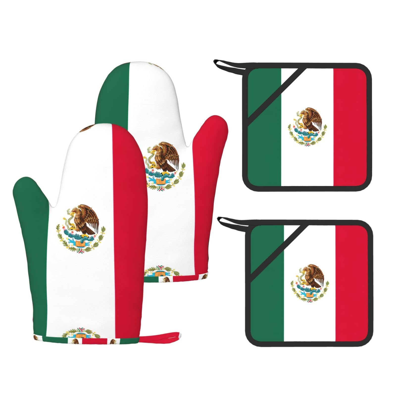 Flag of Mexico Printed Cooking Mitts and Pot Holders 4 Pcs, Heat Resistant Oven Gloves with Hanging Loop Chef