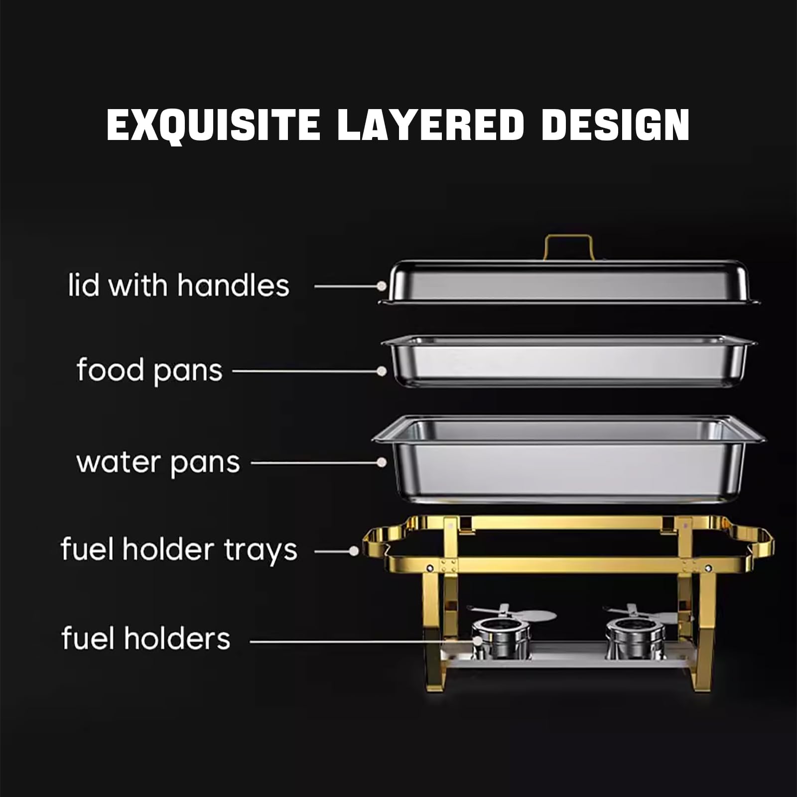 Chafing Dish Buffet, Kit Scaldavivande Rettangolare in Acciaio Inox con Coperchi, Teglie per Cibo, Bagnomaria e Porta Combustibile, Utensili da Portata per Buffet da 8L