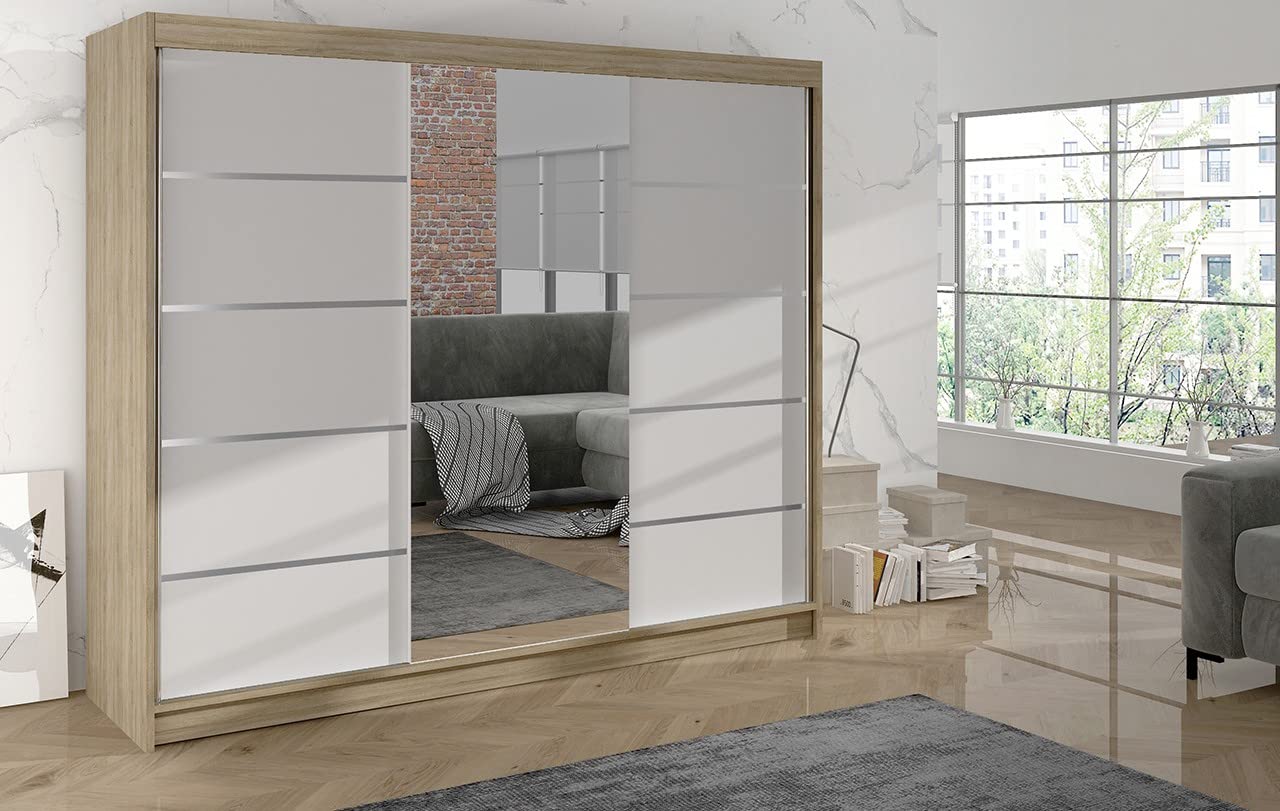 ML Furniture Astra Szafa z drzwiami przesuwnymi, czarno-biała, 200 cm, lustrzana, szafa do sypialni, z drążkiem na ubrania, zestaw mebli do sypialni, 200 x 215 x 58 cm