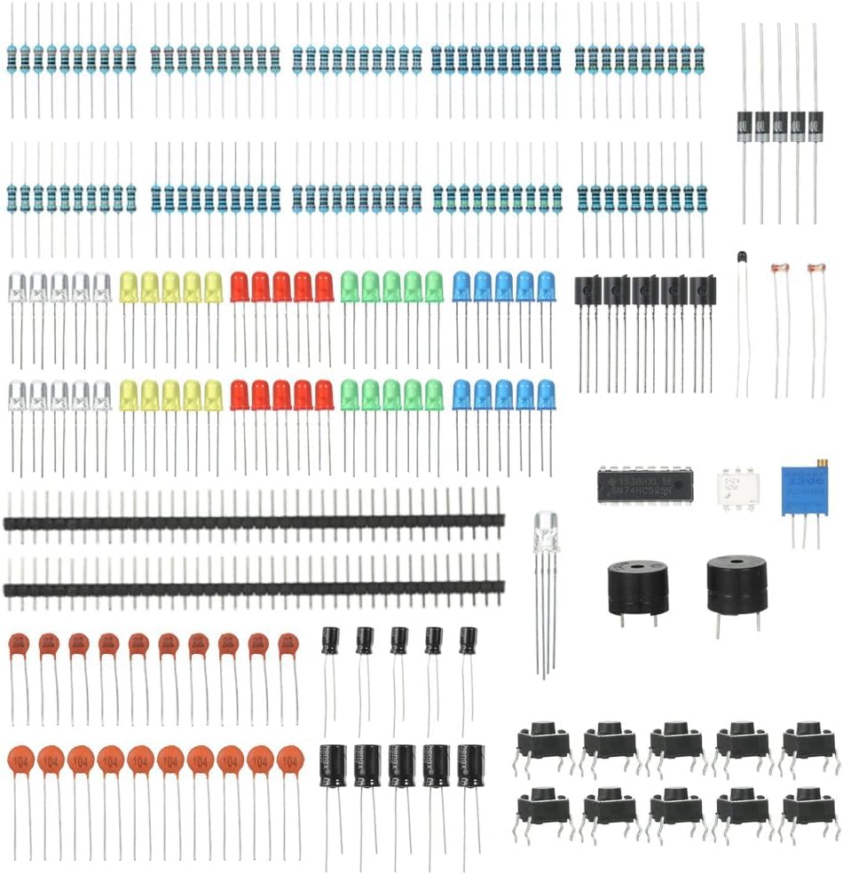 Complete Electronics Components Basic Starter Kit, Including LEDs, Precision Potentiometer, Buzzer, Capacitor, and Resistor - Ideal for DIY Projects and Learning Electronics