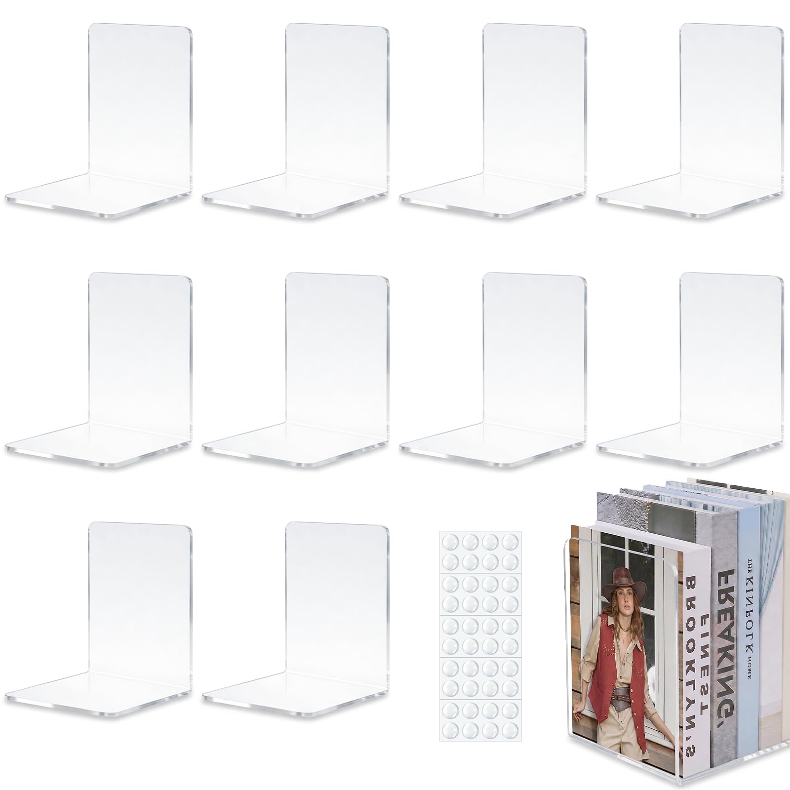 10 Piezas Sujetalibros de Acrílico Transparente, Sujeta Libros Estanteria con Almohadilla Antideslizante, Soportes para Estantería, Ideal para Escuela, Hogar, Oficina y Biblioteca