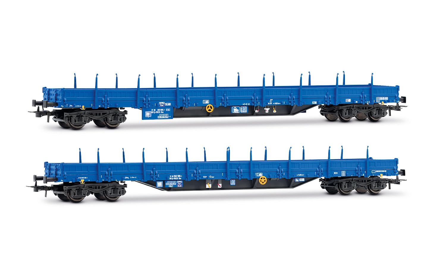 Rivarossi HR6671 Press, 2-unit pack 4-axle stake wagons, Res type, blue livery, unloaded, ep.VI Railway 2x Wagons