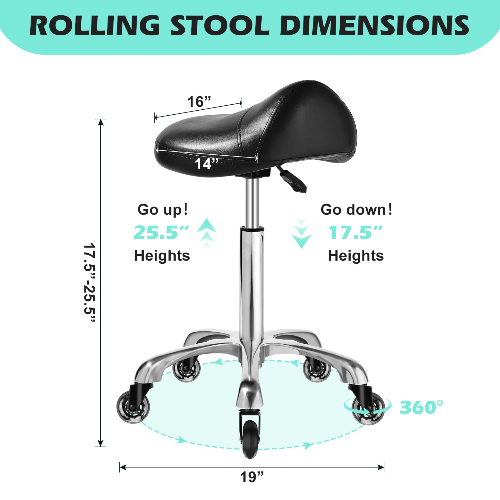Taburete ergonómico con ruedas – Cojín de asiento de cuero más grueso mejorado, corrección de postura saludable, deslizamiento suave y sedoso, taburete ajustable con ruedas para masaje médico de salón 9