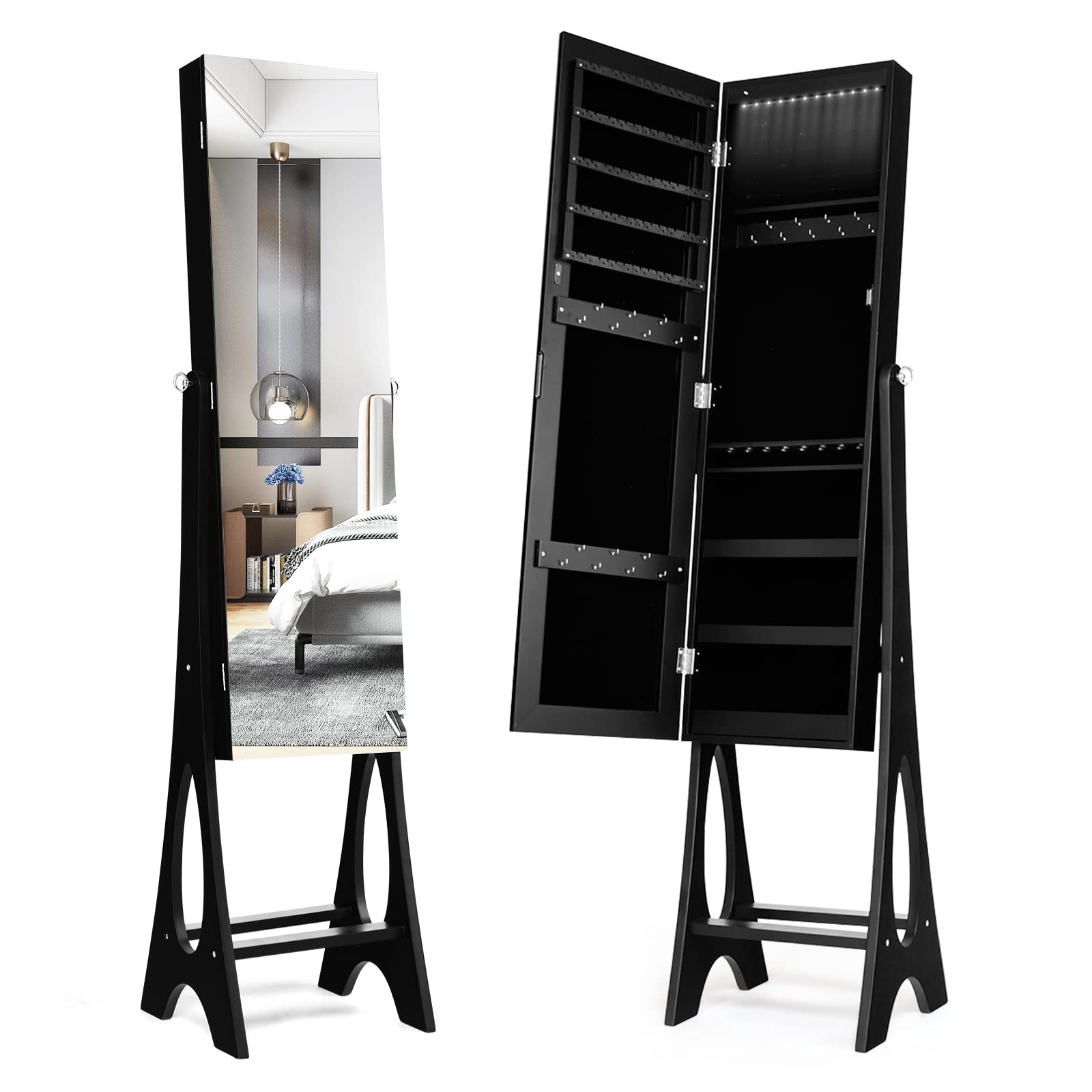 COSTWAY 12 LED Mirror Jewelry Cabinet, Freestanding Jewelry Storage Organizer w/Full Length Mirror, Large Capacity Jewelry Armoire w/Bottom Shelf, Mirror with Jewelry Storage for Women Girls (Black)