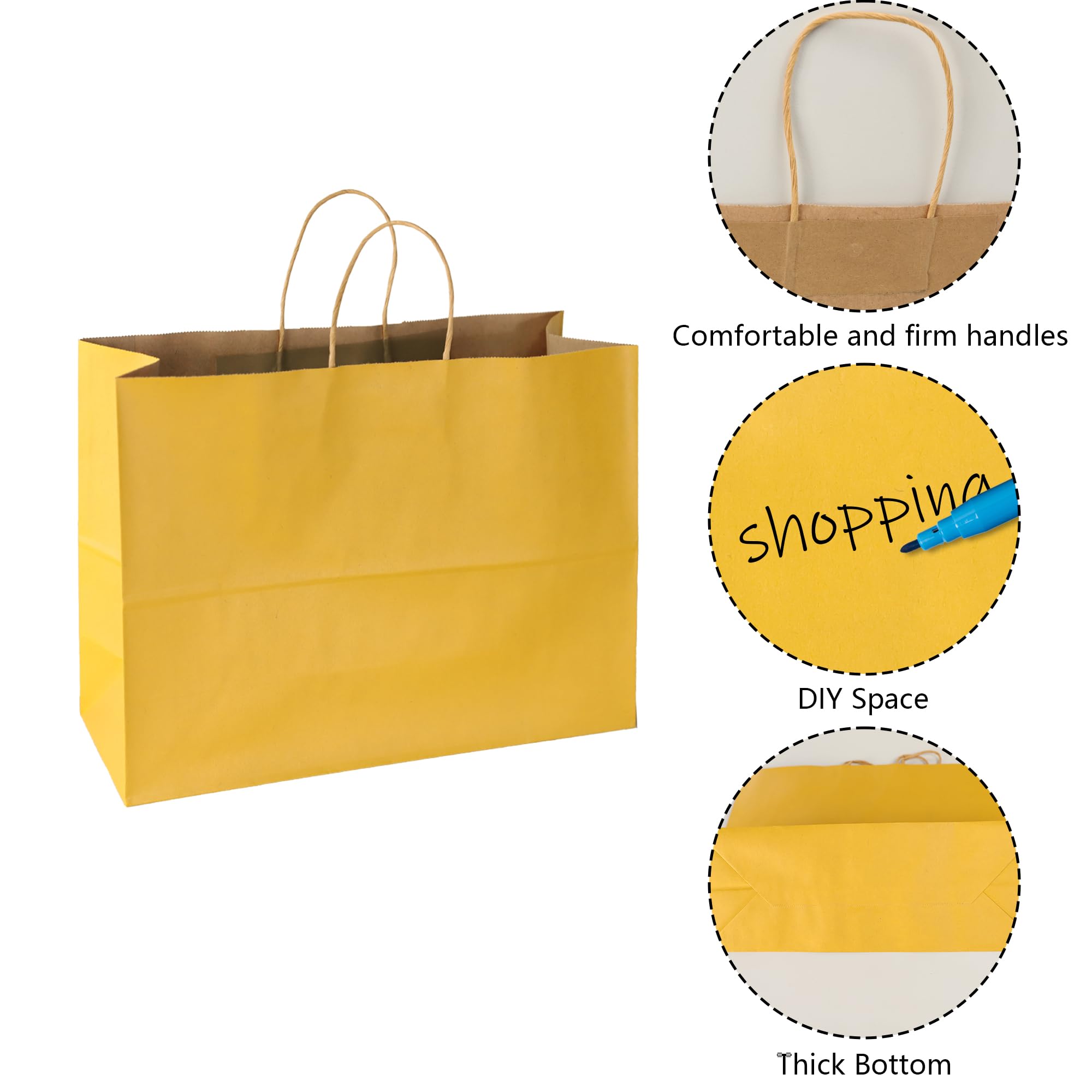 BLEWINDZ 70 bolsas de regalo grandes de 16 x 6 x 12 pulgadas, bolsas de papel kraft con asas a granel, bolsas de compras amarillas para mercancía de comestibles