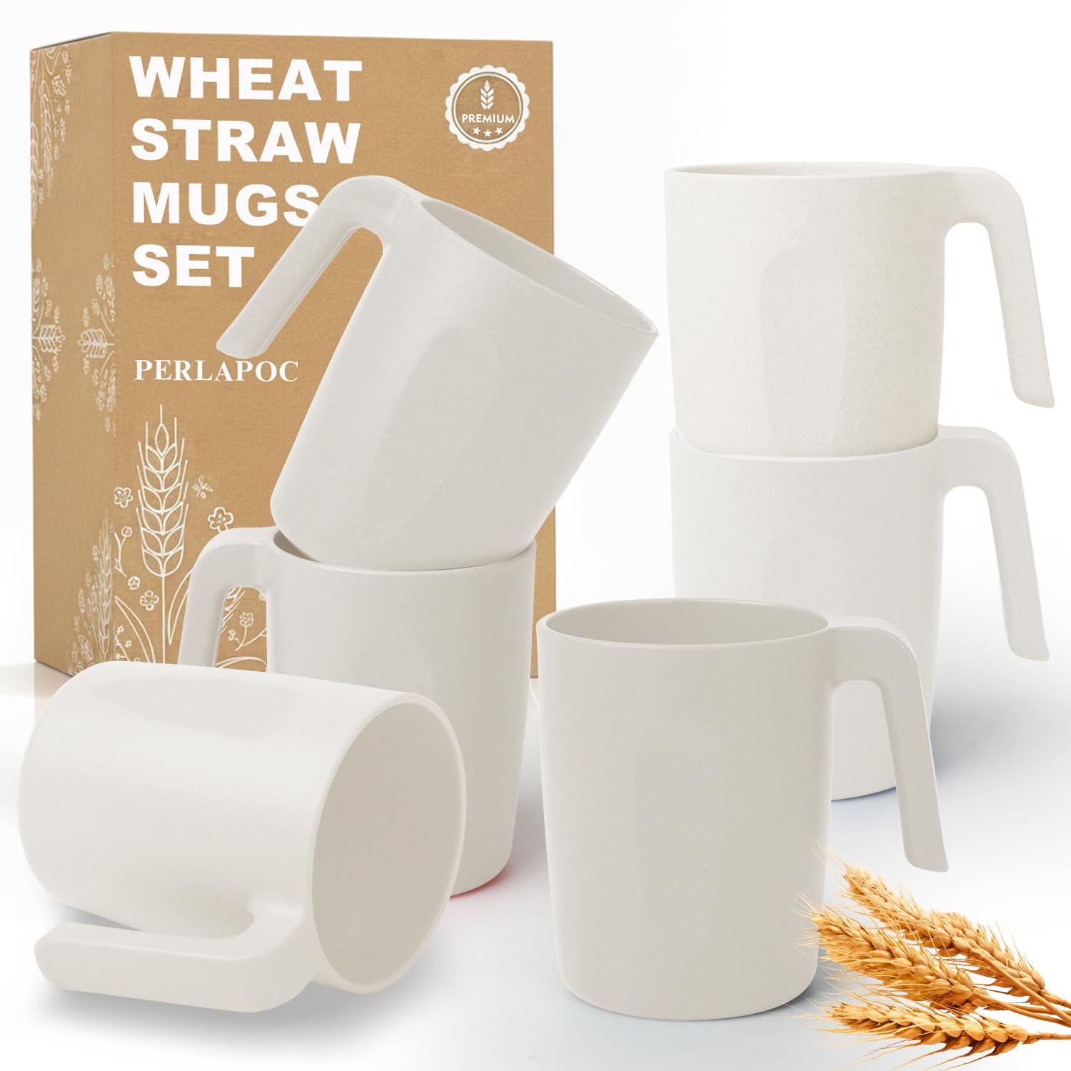 6PCS Unbreakable Wheat Straw Mugs Set, 16 OZ White Coffee Mugs