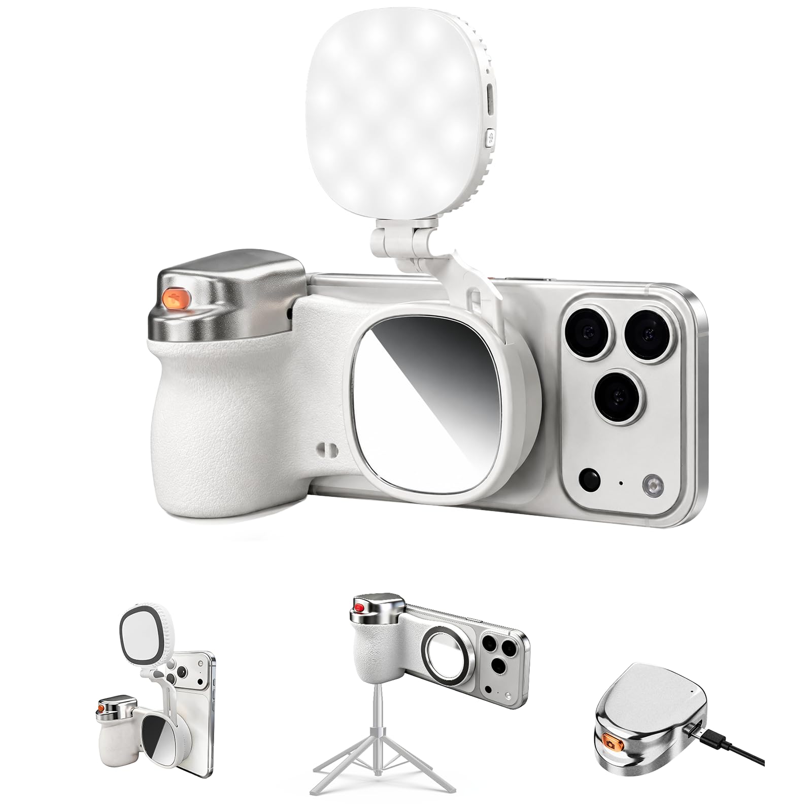 Impugnatura magnetica per fotocamera del telefono + kit di luci magnetiche per selfie compatibile con iPhone Magsafe/Android con telecomando wireless staccabile e comodo gancio portachiavi