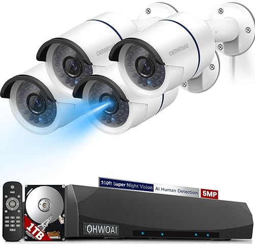 Sistema de cámara de seguridad POE con NVR 4K, 4 cámaras de seguridad IP de 5MP con disco duro de 1 TB para interiores y exteriores
