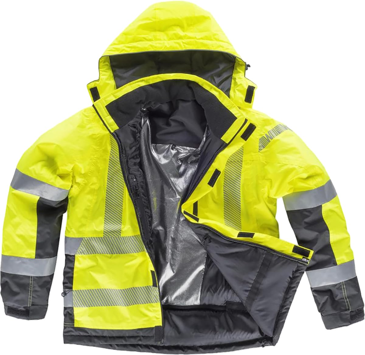 WORKTEAM Parka Acolchada Alta Visibilidad, Cintas Reflectantes Segmentadas, Cuello Alto con Capucha Ajustable, impermeable Clase 2, Unisex