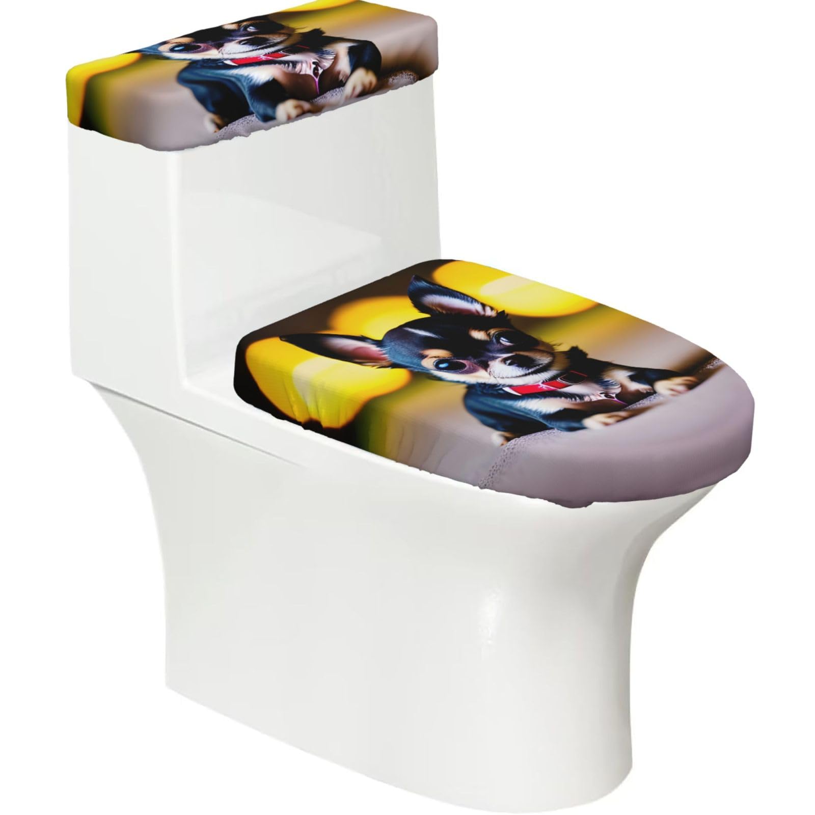 Chihuahua Dog Printed Toilet Tank and Lid Cover Set of 2 for Most Bathrooms, Fits Elongated Round Toilets