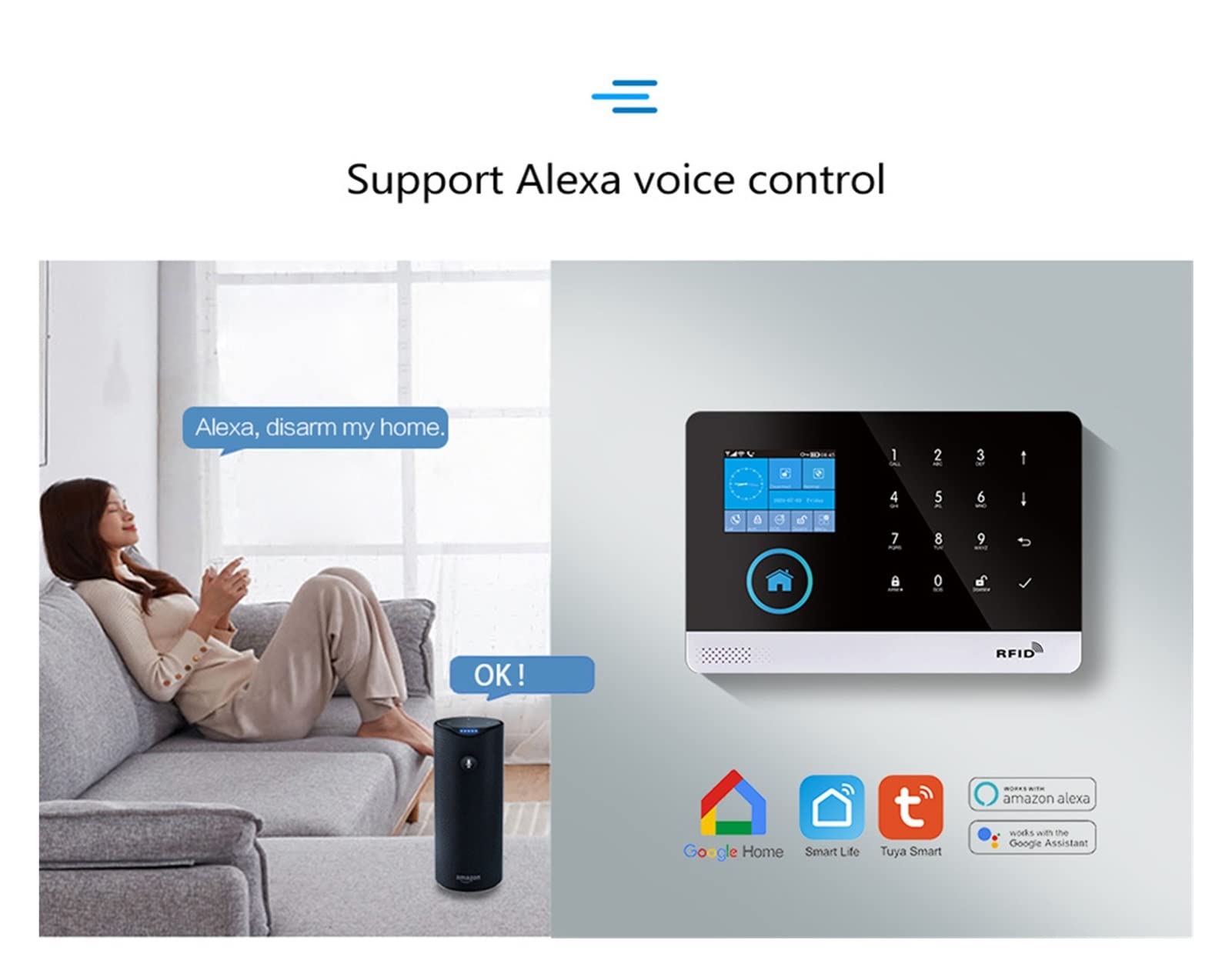 sans Fil WiFi GSM Système d'alarme de sécurité à Domicile for Tuya Smart Life Appliquer avec détecteur de capteur de Mouvement Compatible(J)