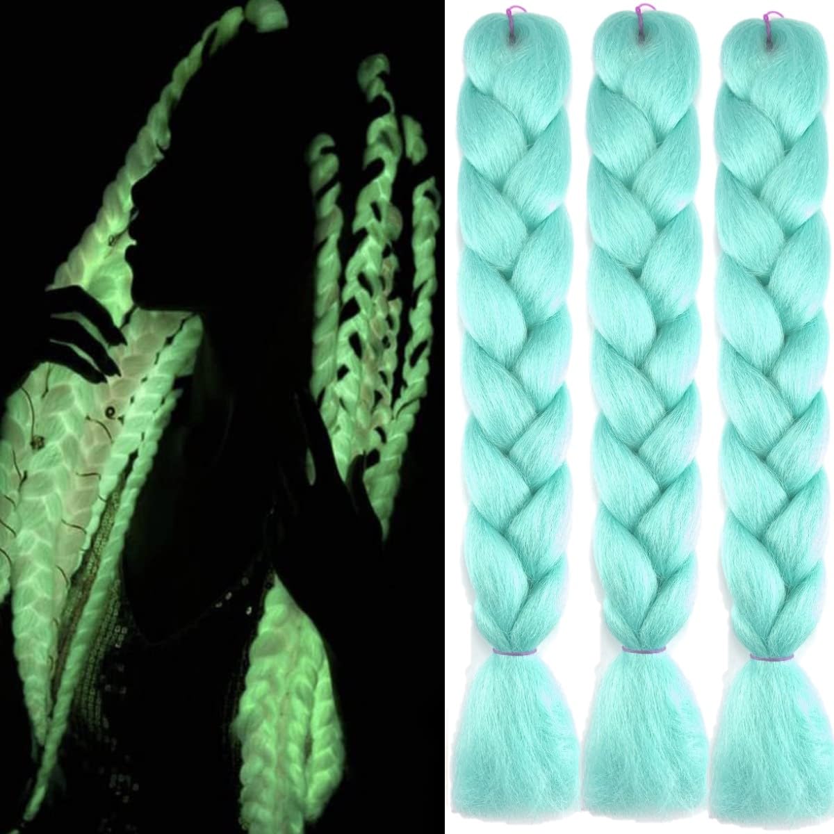 KARLOR Extensiones de pelo sintético fluorescente, paquete de 3 unidades, 60 cm, trenzas gigantes, trenzas gigantes, para trenzas de pelo Kanekalon para trenzar crochet (verde claro x 3)